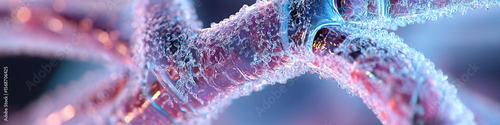Poster digital rendering of translucent, granular structure with pink and blue color gradient