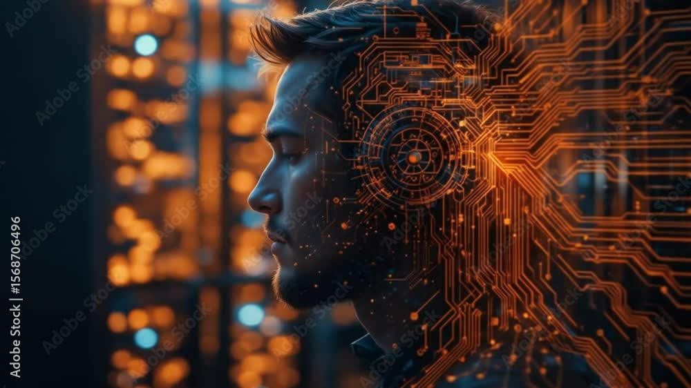 Aufkleber digital network communication of a man with circuit overlay. 4k video