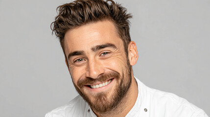 Fototapeta premium Smile Portrait Handsome Young Man Facial Hair Beard Cheerful Lifestyle Confidence Casual Teeth Stylish Male Emotion Grooming Healthy Positive Joy Trendy White Clothing Light Attractiveness Closeup 