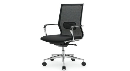 Modern black mesh office chair, with chrome accents