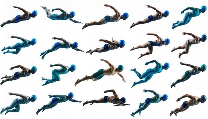 Swimming Techniques - Multiple Swimmers in Action on White Background