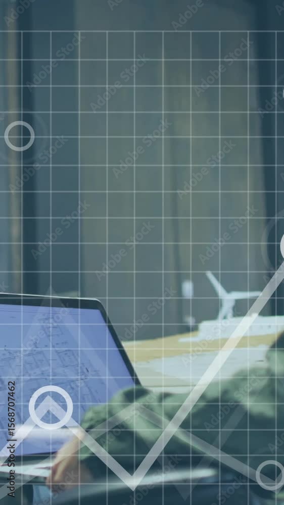 Poster animation of data processing over diverse colleagues using laptop and tablet in office