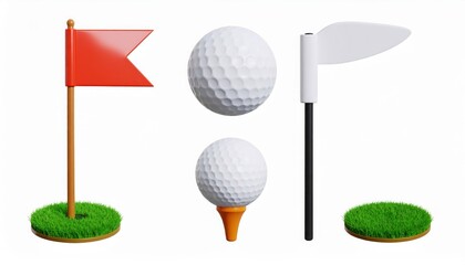 3D Golf Set: Flag, Ball, Tee Isolated on White Background