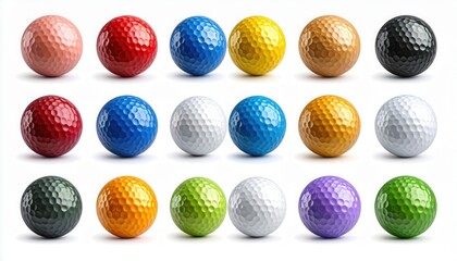 Colorful Golf Balls Arranged in Rows, Variety of Colors, Sport Equipment, Isolated on White, Textured Surface, Round