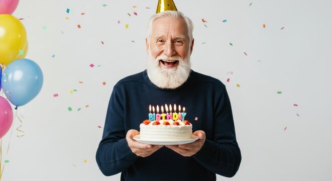 Senior man with a joyful expression holds a birthday cake, surrounded by balloons and confetti