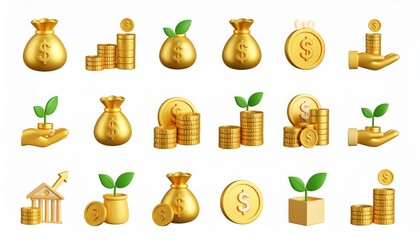 Investing in growth: A collection of golden icons representing financial concepts, including money bags, stacks of coins, and growing plants. 