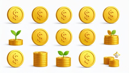 Golden Coins 3D Icon Collection. Dollar, Money, Finance, Investment, Growth, and Banking.