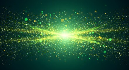 Asymmetric green light burst. abstract beautiful rays of lights on a dark green background with the colors of green and yellow