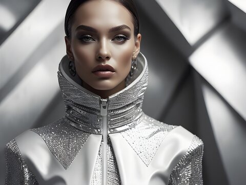 Close-up futuristic fashion shot with silver-white outfit and sculpted pose - Powered by Adobe