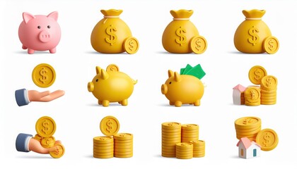 Financial 3D Illustration: Piggy Bank, Money Bag, & Hand Concepts