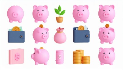 3D Pink Piggy Bank Icons with Wallet, Coins, Plant on White
