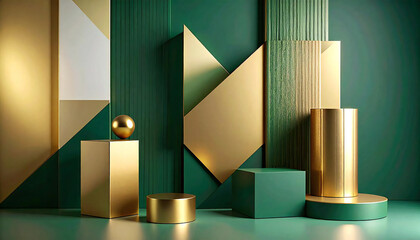 金と緑の幾何学の物体がある空間。3D。立体的なブロックスタイル。Space with gold and green geometric objects. 3D. Three-dimensional block style.
