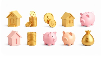 Cartoon 3D Assets: House, Gold Coins, Piggy Bank, Money Bag on White