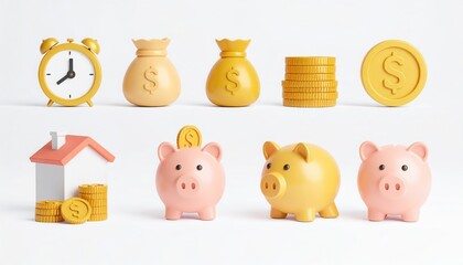 3D Render of Financial Objects on White Background. Saving, Investing, and Banking.
