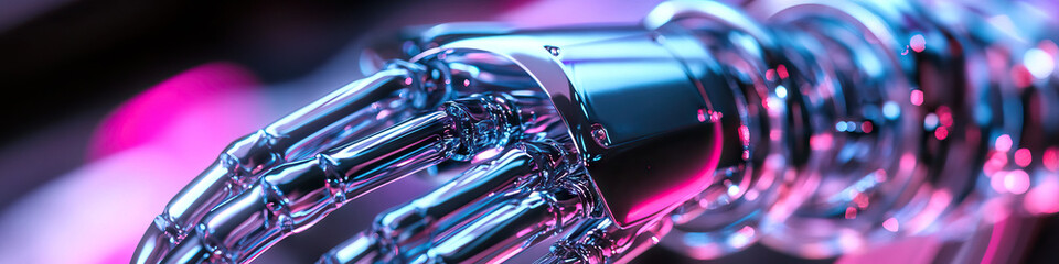 Close-up View of a Robotic Hand with Pink and Blue Lighting