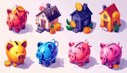 Financial and Housing Icons Set. Piggy Banks, Houses, and Coins. Watercolor Style.