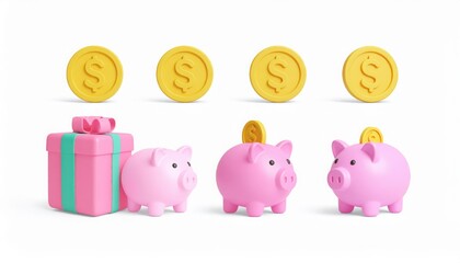 3D Cartoon Piggy Banks, Coins, and Gift Box Isolated on White Background