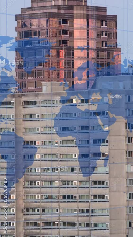 Poster animation of world map and financial data processing over cityscape