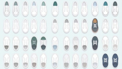 Collection of White Canvas Shoes Flat Lay, Top Down View