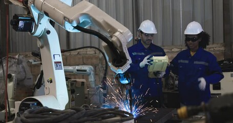 African american engineer woman fixing and testing an Artificial Intelligent welding robotic automatic arm machine in modern technology factory. Automation manufacturing for industry 4.0 Technology. - Powered by Adobe