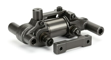 Close-up of a dark gray metal chassis assembly with cylinders and mounts
