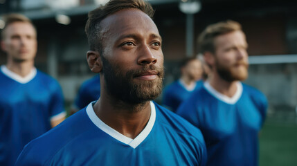 Football player in blue jersey looking focused on field