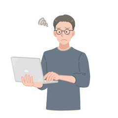 ノートパソコンを持つカジュアルな服装の男性が悩んでいるイラスト