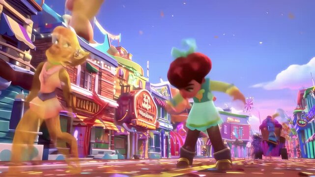 Vibrant Animation of Dancing Characters in a Candy-Themed Town Square Celebration
