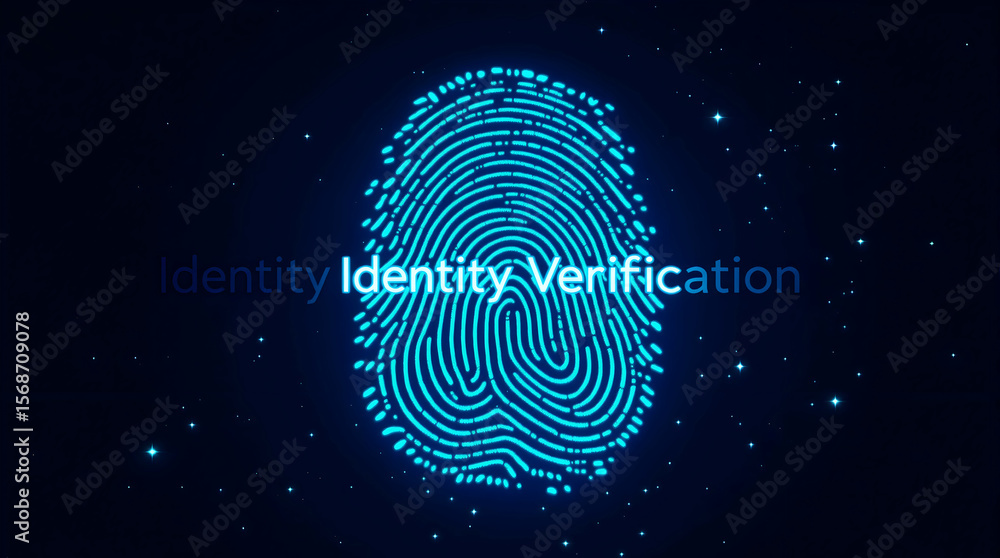 Poster glowing fingerprint with identity verification text against a starry night sky backdrop