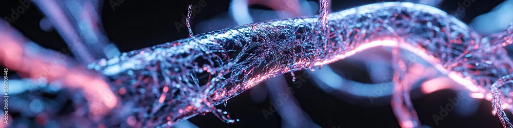 Poster digital render: illuminated tubular structure with filament network