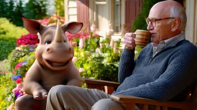 Elderly Man and Rhino Enjoying a Morning Coffee