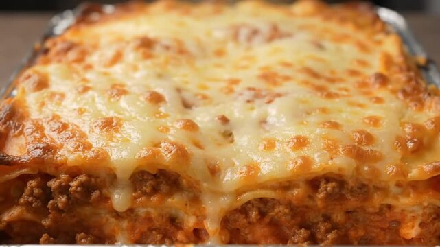Close up shot of a delicious lasagna with melted cheese and meat sauce layered between pasta sheets