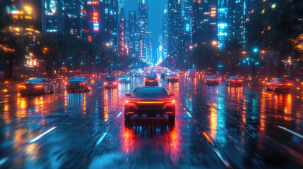 Futuristic cityscape with glowing cars in rain