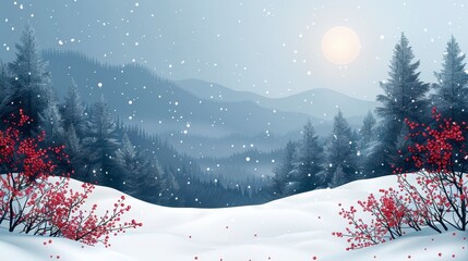 Snowy valley scene with evergreens, red berries, and sunlit, misty mountains in the background