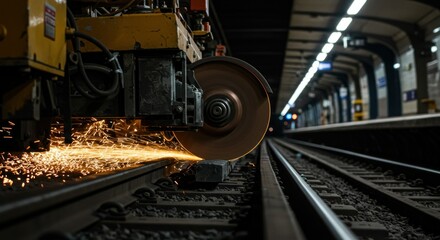 Industrial machinery cuts railway track, sparks flying
