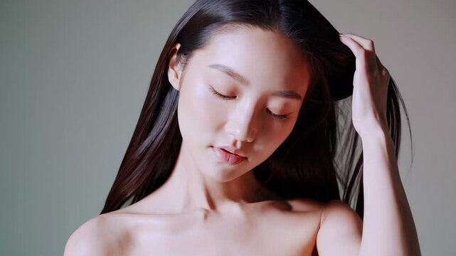 Young Asian beauty woman model long hair with korean makeup style on face and perfect skin