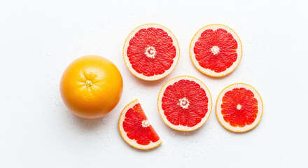Fresh Red Grapefruit: Whole Fruit and Slices on a White Background, Top View