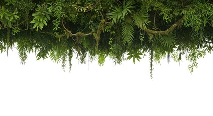 Lush green foliage, various plants, draped over a white background