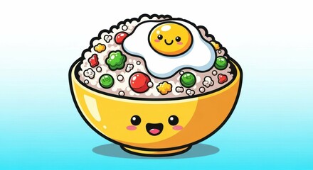 Obraz premium Cute bowl of fried rice with egg cartoon vector illustration