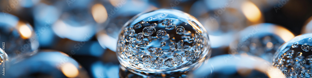 Poster close-up photograph of multiple transparent spheres with embedded air bubbles