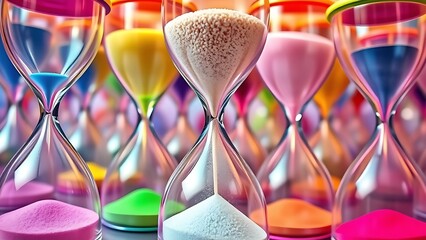 Colorful overlapping hourglasses with upward-flowing sand, depicting the unique perception of time in ADHD.