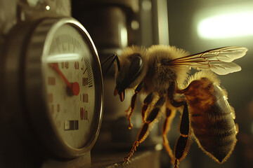 A side profile of a bee landing on a pressure gauge the soft light highlighting the contrast between nature and machiner