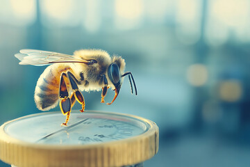 A side profile of a bee landing on a pressure gauge the soft light highlighting the contrast between nature and machiner