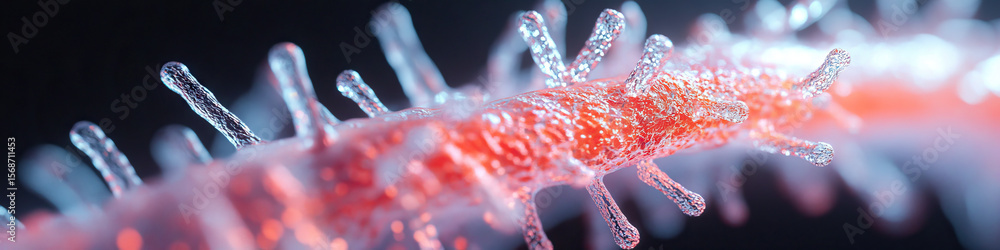 Poster digital rendering of translucent strand with crystalline protrusions