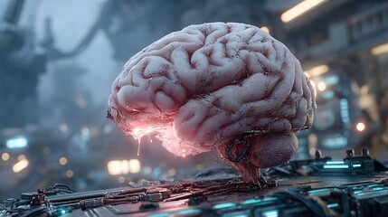 An interactive hologram of a human brain scan floats above a cyberpunk-style high-tech console, with purple and turquoise lighting, metallic textures, and dynamic volumetric light effects.