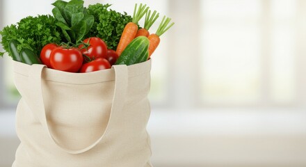Beige canvas tote bag filled with fresh vegetables