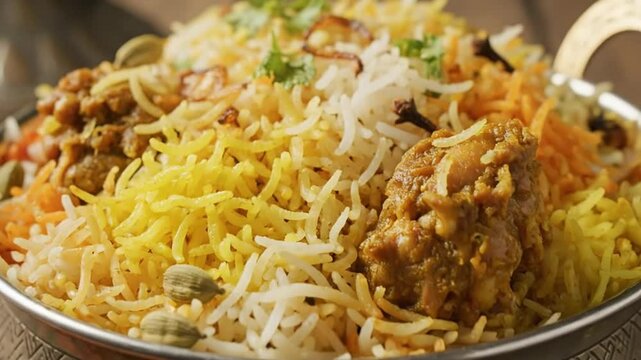 Close up shot of chicken biryani with white and yellow rice, garnished with herbs and spices shown