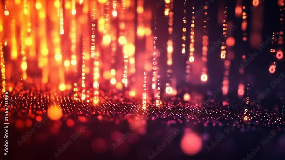 Aufkleber digital numbers cascade over surface, red bokeh background