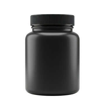 Black matte plastic supplement jar or protein powder container isolated on a transparent background, png, cutout