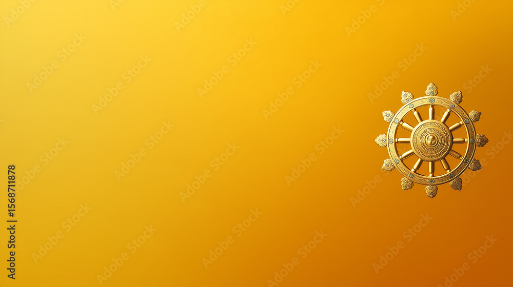 Aufkleber minimalist banner with golden dharmachakra icon and yellow to orange gradient background with empty 
